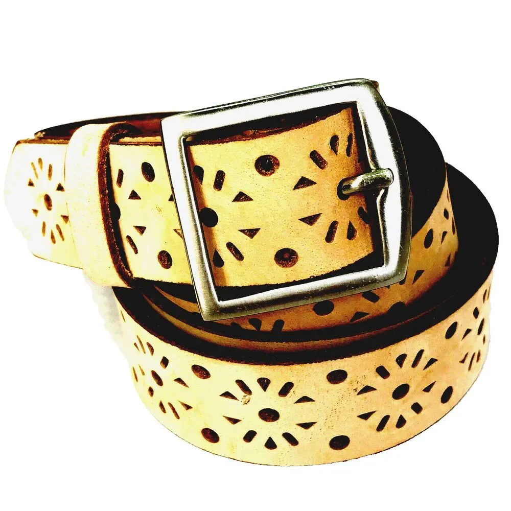 Leather Cut-Out Skinny Belt NEW M L Men Women Tan Beige 43 Waist 26 - 41